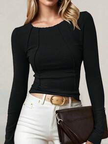 This Unique Long-Sleeve Women's Top Features A Ribbed Knit Round Neck, A Fitted Silhouette That Flatters The Figure, And A Cropped Waistline Design With A Youthful, Sexy Vibe. Versatile And Practical, It's Suitable For Spring And Summer Wear, And Can Be Layered. An Essential Item For Valentine's Day. - 14 Black - View 3