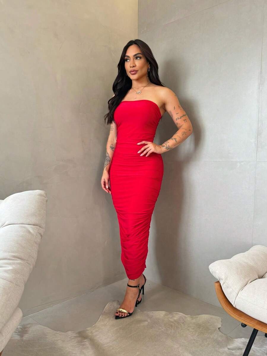 Red Strapless Midi Dress With Suplex Cup, Ruched Sides, Wrinkled, Strapless, Elegant, Sensual, Tight Fit - Red - View 1