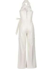 WOKANSE Womens PU Leather Stretchy 2 Piece Outfit Belted Sleeveless Halter Tops And Straight Leg Pants Set With Pockethalloween - 白色 - 查看 3