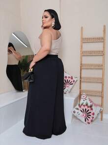 Maxi Pantalona Plus Size Without Slit Duna Fabric Elastic Waist - 黑色 - 查看 3