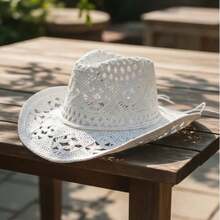 Country Hippie Chic Boho Beach Straw Hat With Adjustable Brim - Plain White - View 3
