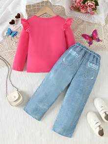 2 pezzi/set Ragazza giovane Maglietta casual con stampa farfalla + Pantaloni larghi con stampa simil-jeans, leggeri e confortevoli, adatti per uso esterno - Fucsia - Visualizzare 2