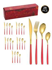 4/16/24pcs Stainless Steel Square Handle Steak Knife Fork Spoon Cutlery Set, With Christmas Gift Box For Home Kitchen, Dining, Hotel, Wedding