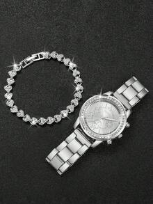 2pcs/Set Women's Quartz Wrist Watch With Steel Band, Rhinestone Embellished 3-Eye Roman Scale Dial + Bracelet, Watch Box Not Included - Silver - View 4