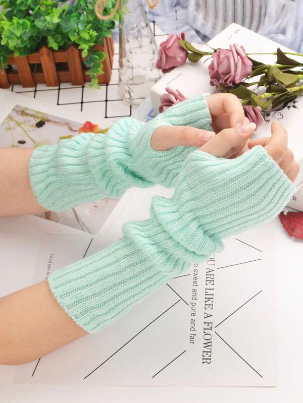 Women's Outdoor UV Protection Warm Solid Color Fluorescent Personalized Mid-Length Knitted Arm Sleeves, Autumn/Winter