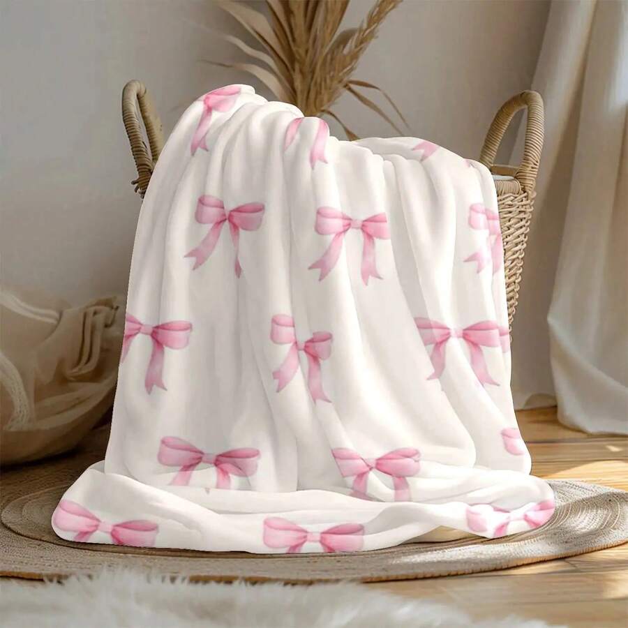 1pc Cozy Bowknot Print Flannel Blanket - Soft, Vintage-Inspired Design With Pink Bows On White, All-Season Comfort For Home, Office, Camping & Travel, Machine Washable, Perfect For Halloween & Christmas Decor, Travel Accessory |   Playful Pattern |   Soft Texture, Blanket For Bed - 多色18 - 查看 1
