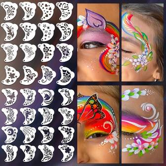 32pcs Reusable Washable Flexible Face Paint Templates, Double-Sided, Easy To Clean, Suitable For Halloween Parties/Balls