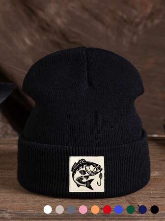 1pc Unisex Embroidered Fish Hook Knit Beanie Hat, Couple Style For Outdoor Sports, Hiking, Skiing, Camping, Streetwear, Autumn/Winter Winter Clothing