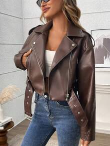 Women's Faux Leather Biker Short Jacket - Reddish Brown - View 2