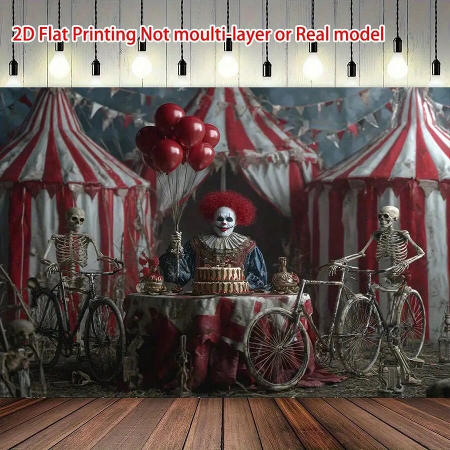 2D Flat, 1 Piece Circus Carnival Clown Birthday Party Background - Durable Polyester Fabric With Red And White Striped Tent, Balloons, And Skulls, Suitable For Halloween, Birthday Decorations - Indoor/Outdoor Use, No Electricity Required, Carnival Theme Party Decoration, 2D Flat - 彩色 - 查看 1