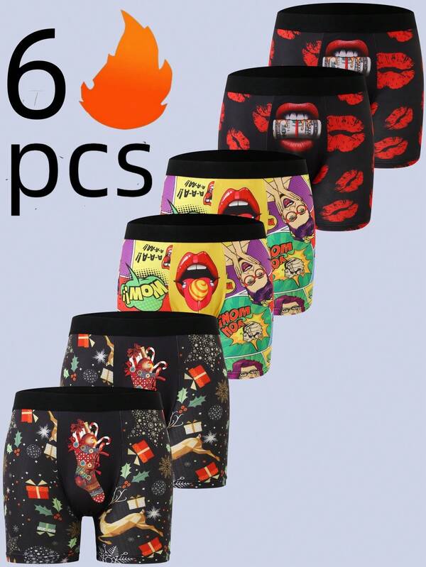 6-Piece Men's Boxer Shorts, Wedding Fun Pattern Printed Men's Four-Way Briefs, Fashionable Comfortable Men's Long Four- Briefs, Sports Men's Angle Shorts, Suitable For Christmas, Halloween, Four Seasons To Wear, A Gift For A Boyfriend.