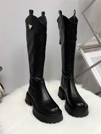 2025 Autumn/Winter New Black Thigh High Boots For Women, Thick Sole Chunky Heel High Heel Tall Boots, Slim Fit Knee High Riding Boots For Petite