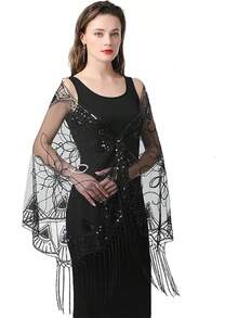 Metme Women's 1920s Scarf Wraps Sequin Deco Fringed Wedding Cape Evening Shawl Vintage Promhalloween - 3-đen - Xem 7
