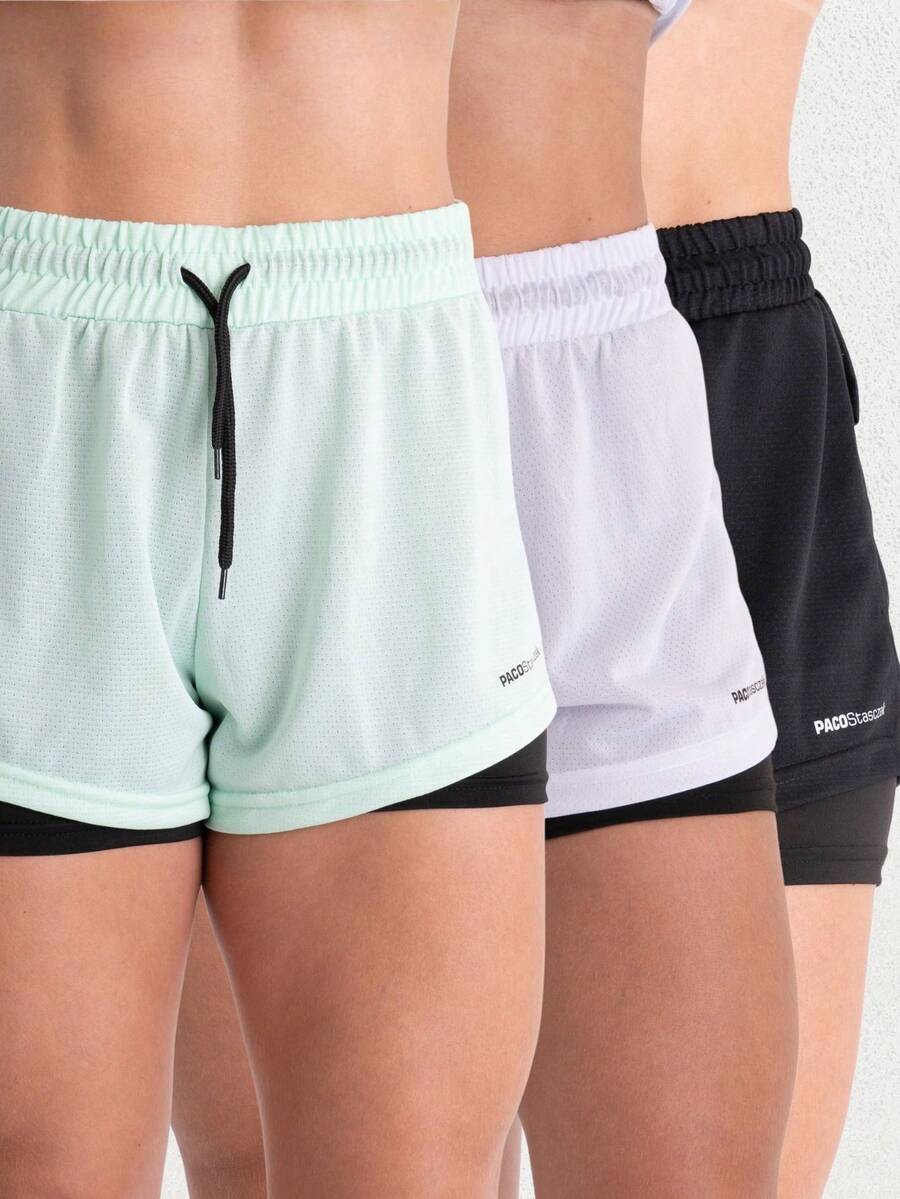 Women's 2-In-1 Dryfit Gym Shorts Kit: 3 Double Shorts For Training, Hiking And Other Sports - 黑色+白色+綠色 - 查看 1