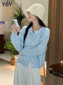 秋冬女士柔软针织宽松开衫，百搭 - 藍色 - 查看 3