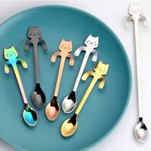 1pc/2pcs Stainless Steel Creative Cat Stirring Spoon, Cat Hanging Cup Coffee Spoon, Mug Tea Spoon, Dessert Spoon - Multicolor - View 5
