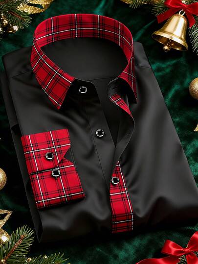 Men's Fashion Business Formal Dress Shirt , Red Plaid Pattern, Slim Fit, Polyester Fabric, All Season, Woven, 120g/㎡ Fabric Weight, Slightly Stretchy, Spread Collar, Adult Size, Christmas