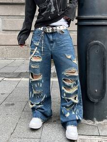 1 buc. Blugi bărbătești, stil american de stradă, la modă, cu model patchwork, cu multiple decolorări, cu picior larg, confortabili și versatili, pentru toate anotimpurile (curea și accesoriile nu sunt incluse)
