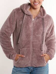 Chamarra peluchito con capucha, cremallera, cordón y bolsillos para mujer, colores, abrigadora - Arena - Ver 2