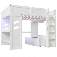 Hochbett, 90x200cm, Gaming Bed Mit Schreibtisch, Mit LED-Lüchten, 1 USB-Anschlüssen, 1 Typ-C Ausgestattet, Leiter, Schreibtisch, Schublade, Wäscheständer, Ohne Matratze, Weiß - 90cm*200cm - View 11