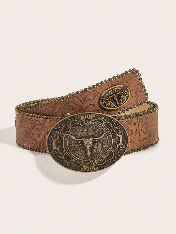 1 قطعة إبزيم موضة جديد محفور برأس ثور بني للنساء، ديكور رأس ثور مصنوع من المخمل والجلد الصناعي PU لفستان، معطف، جينز، إكسسوار غربي متعدد الاستخدامات للاستخدام اليومي