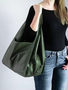 新款秋冬时尚超大容量托特包女小众单肩手提复古复古大包简约休闲风通勤旅行购物袋休闲旅行行李包外出腋下包百搭多色 - 綠色 - 查看 5