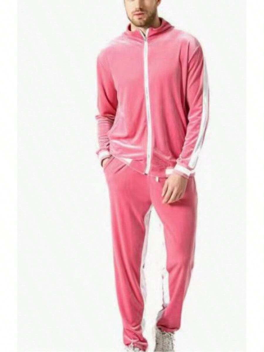 2025 New Men's Velvet Tracksuit Set, Retro Sport Style Zipper Jacket & Joggers, Y2K Streetwear Oversized Comfort Fit, Couple Matching Casual Outfit, Winter Warm Fleece Lined Athflow Velour Lounge Set - 粉紅色 - 查看 1