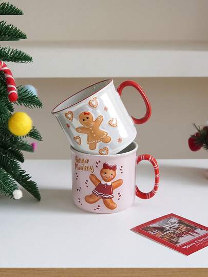 1 件圣诞姜饼人陶瓷杯，蝴蝶结姜饼人配雪花和圣诞糖果设计，精美制作，具有很高的审美吸引力，适合家居装饰餐具，非常适合圣诞派对和聚会，可作为盛放热饮或冷饮的多功能杯子，完美作为礼物或节日装饰