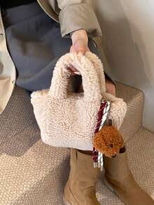 时尚毛绒手提购物篮包，新款秋冬单肩包，配有可爱小狗吊坠，适合女孩 - A - 查看 5