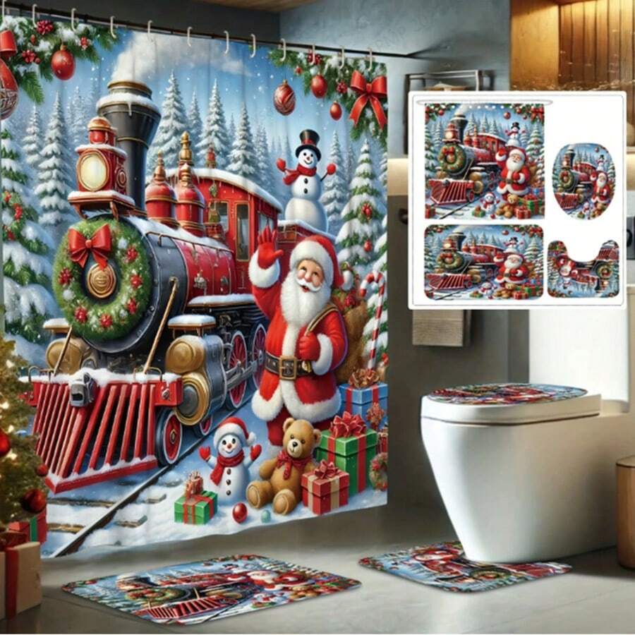 Ensemble de bain de Noël 4 pièces, avec des motifs du Père Noël, du bonhomme de neige et d'un train - Comprend un rideau de douche imperméable avec 12 crochets, un tapis de bain antidérapant, un couvercle de siège de toilette en forme de U et un tapis - Parfait pour la décoration de salle de bain pour les fêtes