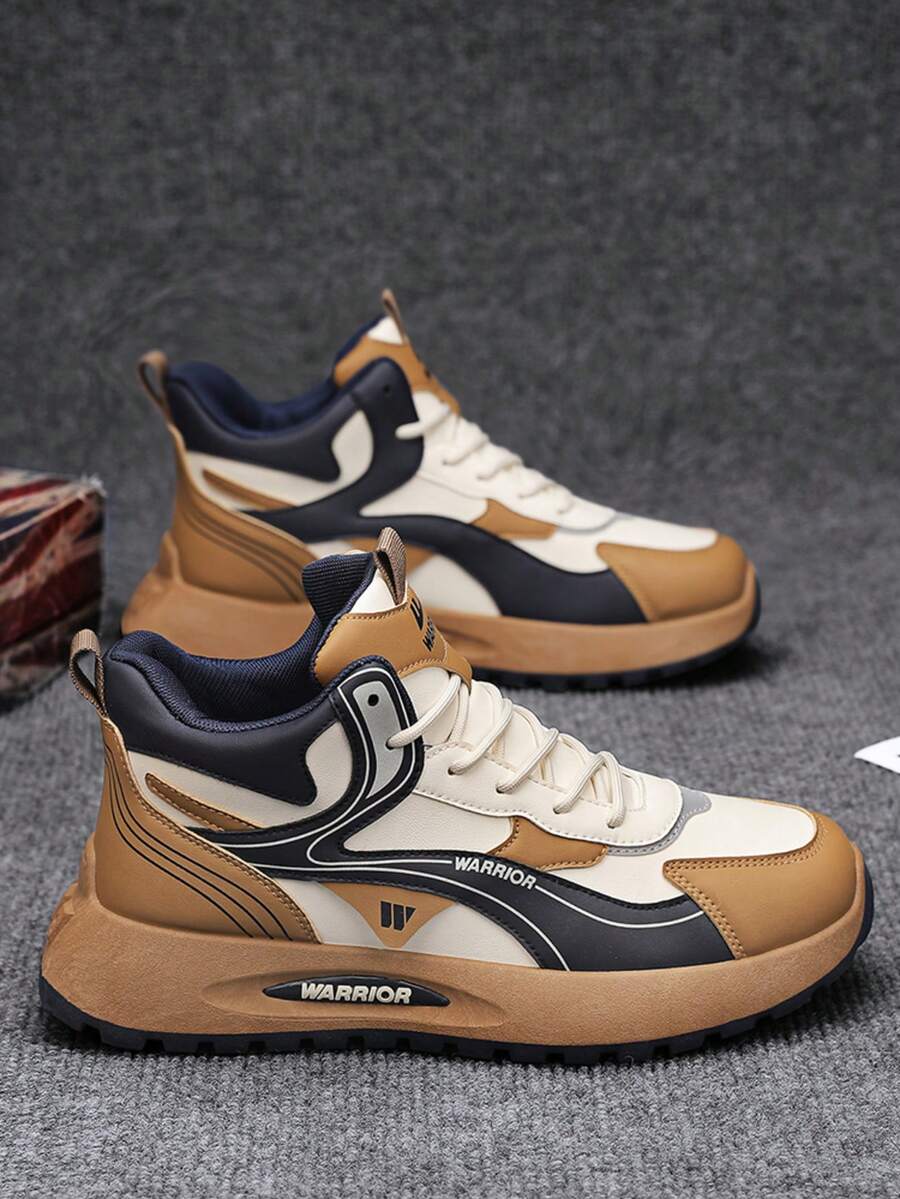 1 双 WARRIOR 男士厚底系带软底休闲鞋，低帮户外平底鞋，圆头低跟防滑纯色优雅软底登山鞋，适合学生拍毕业照，男士低帮皮革滑板鞋 - 米卡其深藍 - 查看 1