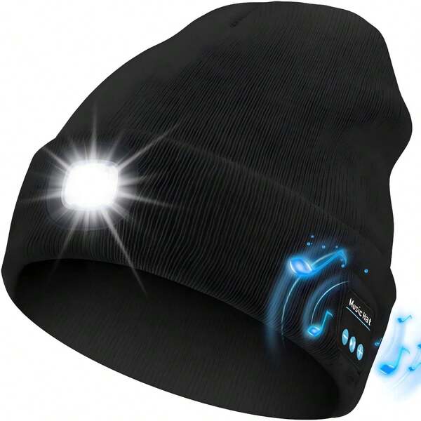 1pc Bluetooth Brimless Poop Hat With Lights, Unisex USB Rechargeable 4 LED Flashlight Hat With Wireless Headphones, Cool Gift For Men, Women And Teenagers, Winter Warm Hat For Outdoor Skiing Hunting Camping Hiking Running Fishing