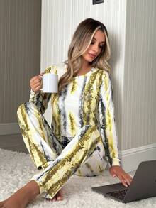 YELLOW COLOR Patterned Women's Pajama Set - Yellow - View 1