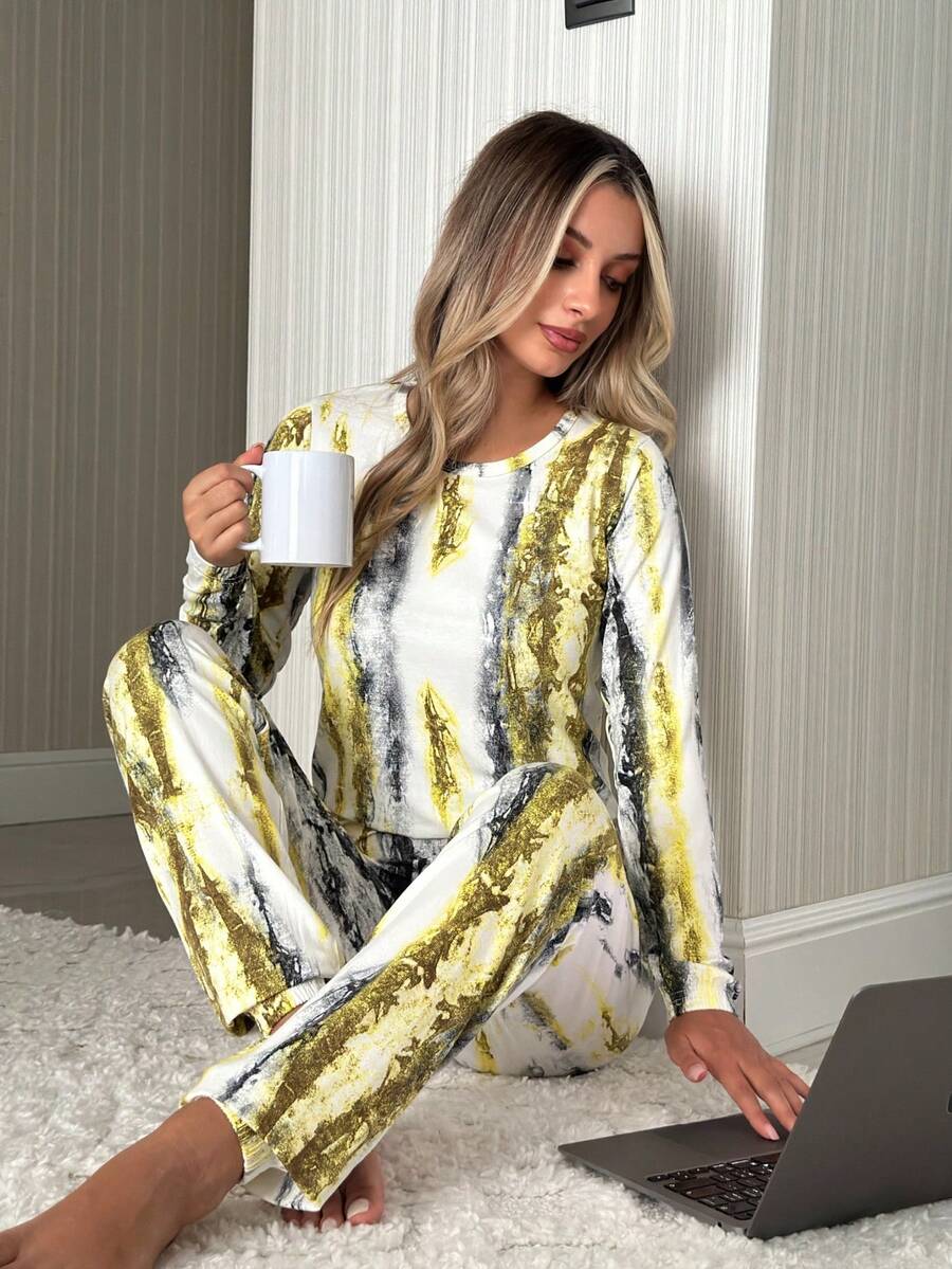 YELLOW COLOR Patterned Women's Pajama Set - Yellow - View 1