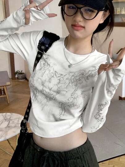Casual Vintage Print Cropped Long Sleeve T-Shirt, Autumn