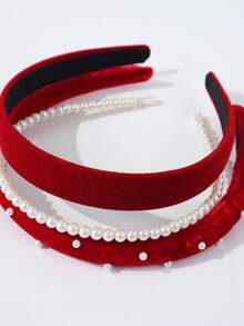 3 件套百搭优雅天鹅绒珍珠海绵头带套装，适合各种场合 - 紅色 - 查看 4