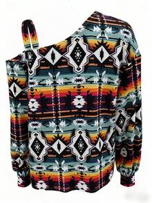 Women's Geometric Print Bohemian Style Polyester Asymmetric Ribbed Vacation Birthday Party Sweatshirt, Autumn/Winter - Multicolor - View 3