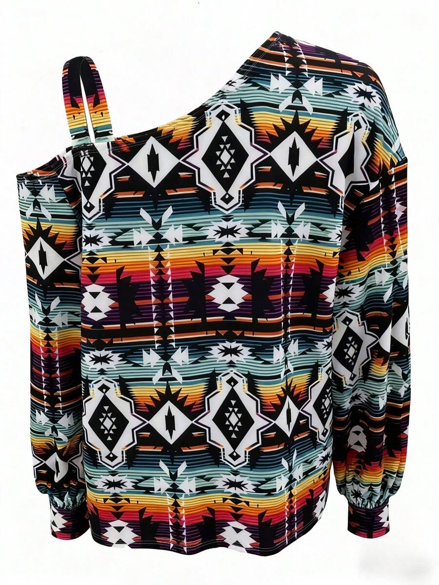 Women's Geometric Print Bohemian Style Polyester Asymmetric Ribbed Vacation Birthday Party Sweatshirt, Autumn/Winter