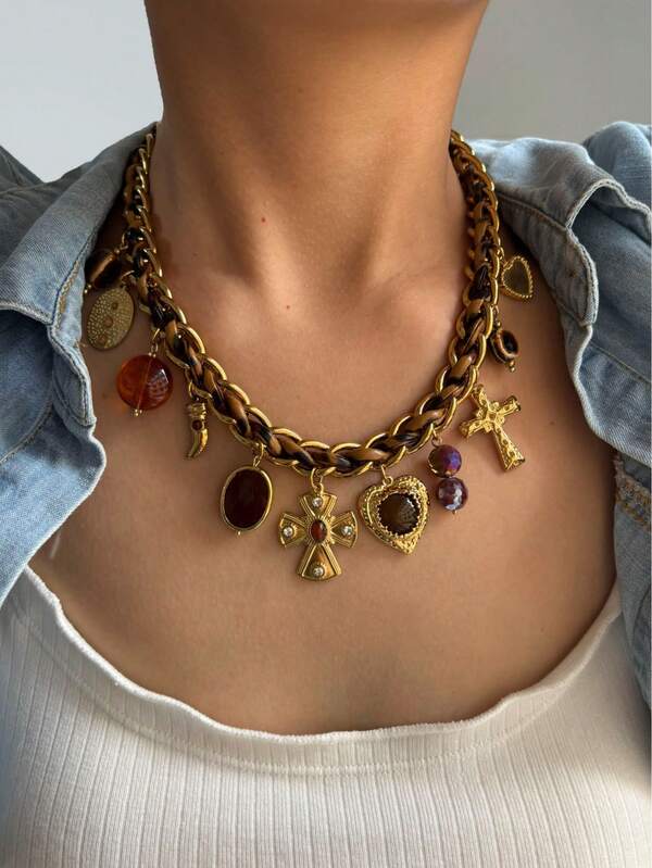 1pc DIY New Chinese Style Leather Woven Wrapped Stainless Steel Crystal Ceramic Cross Pendant Necklace For Women, Versatile Accessory For Autumn/Winter