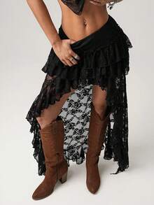 Women's Boho Layered Ruffle Chiffon Maxi Skirt Y2K Elastic High Waist Cowgirl Western Asymmetrical Skirts - 黑色 - 查看 4