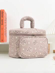 1pc Corduroy Teddy Bear Print Large Capacity Makeup Bag, Compartment Storage Design, With Handle And Front Zipper Pocket, Can Hold Cosmetics, Skincare, Nail Care And Toiletries, Suitable For Home Vanity, Dorm Storage, Travel And Short Trips - Multicolor - View 6