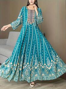 波西米亚中东风刺绣连衣裙，艺术复古休闲度假沙滩长裙 春季 - 藍色 - 查看 2