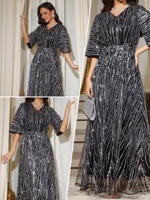 Abito lungo da sera da donna con scollo a V, maniche corte, con paillettes, stile A-line, lunghezza fino al pavimento, adatto per balli e feste