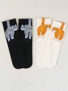 2 Pairs Cat Bell Pattern Casual Mid-Calf Socks, Fun & Cute, Suitable For Summer Wear. Creative 3D Abstract Cat, Egg, Bell Design Funny Ankle Socks, Adorable Cat, Egg Pattern, Suitable For Summer - Multicolor - View 13