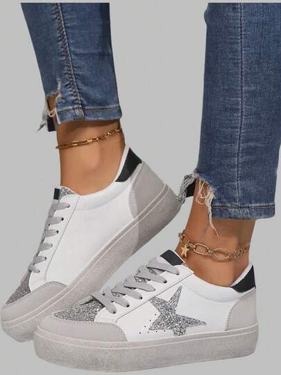 DareSee Zapatos casuales con cordones y puntera redonda con decoración de estrellas para mujer, color blanco, para el festival de música de otoño, el festival Y2K, el regreso a la escuela, el otoño, la Navidad, el invierno y como regalo de Navidad