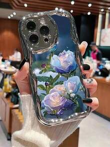 Blue Floral Painted Electroplated Cream Printed Soft Case Compatible With IP17/IP17PROMAX/Iphone16//Iphone16pro/Iphone16promax/Iphone15/ XR /7p8p/P12promax/P13promax/P14PROMAX /P13/P14/P11/P12/P14 Cute & Fashionable Thick Protective Phone Case For XS/S/XSMAX/78GES2 - Multicolor - View 6