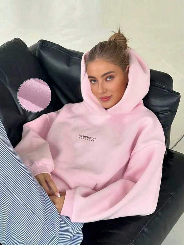 Moletom feminino com capuz, manga comprida, estampado, casual, esportivo, estilo urbano, de lã, outono/inverno