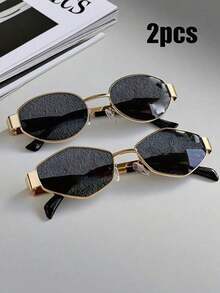 2pcs Women Fashion Glasses With Oval And Hexagonal Metal Frame New Vintage Style Polygon Glasses Daily Y2K For Beach, Vacation, Outdoor, Travel, Winter - 黑色 - 查看 7