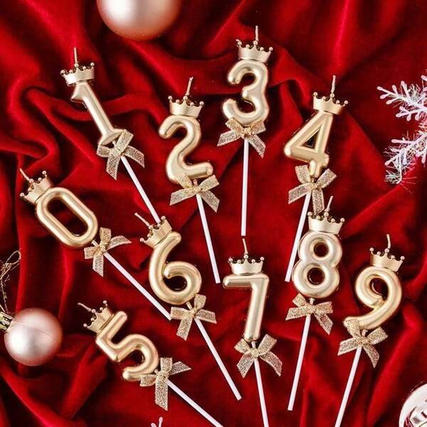 1pc 0-9 Creative Gold Crown, Bow Ribbon Number Candle, Birthday Cake Decor Insert, Birthday Party Box, Long Lasting, Smokeless Candle