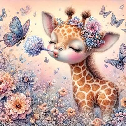 1 Set Animal Theme Diamond Painting Kit, Round Diamond, Full Canvas DIY Handmade, Flower Design Giraffe, With Complete Accessories